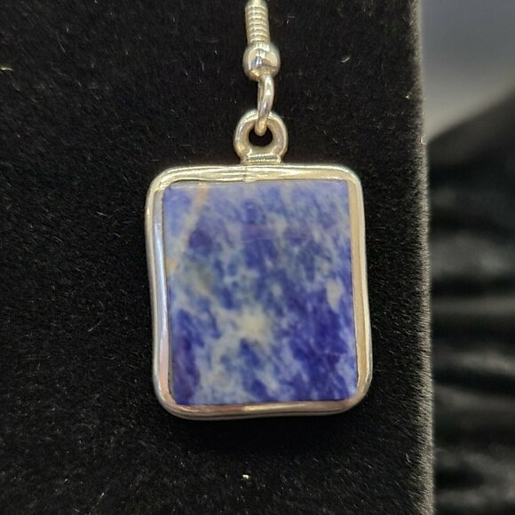 Vintage SI 925 Silver & Sodalite Drop Earrings Rectangular Estate Hook Earwires - Picture 10 of 10